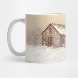 Snowy Pink Sunset Barn Oil on Canvas Mug